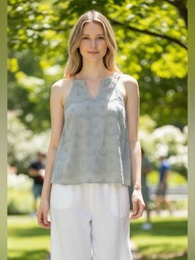 SAINT TROPEZ WEST Gray 100% Linen Racerback Tank Top Embroidered Large NWT Boho